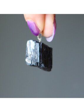 Black Tourmaline Pendant Raw Crystal Savior Silver Rough Gemstone Protection